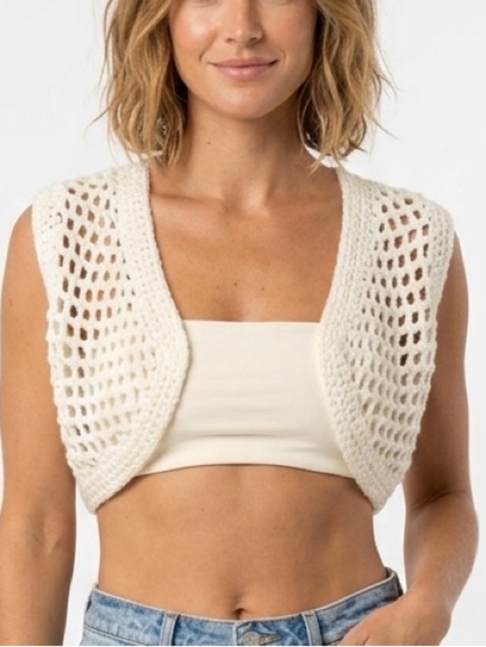 Handmade Crochet Cream Crop Bolero Shrug Tiny Vest Festival Knit Small/Medium